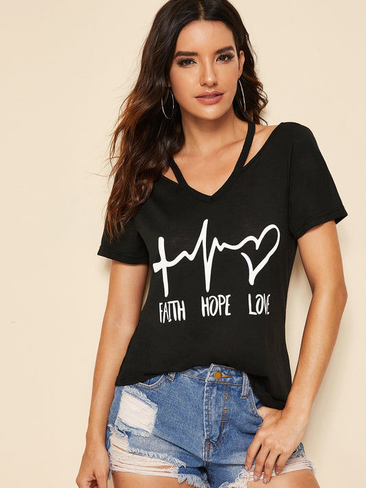 Strappy Neck Mixed Graphic Tee