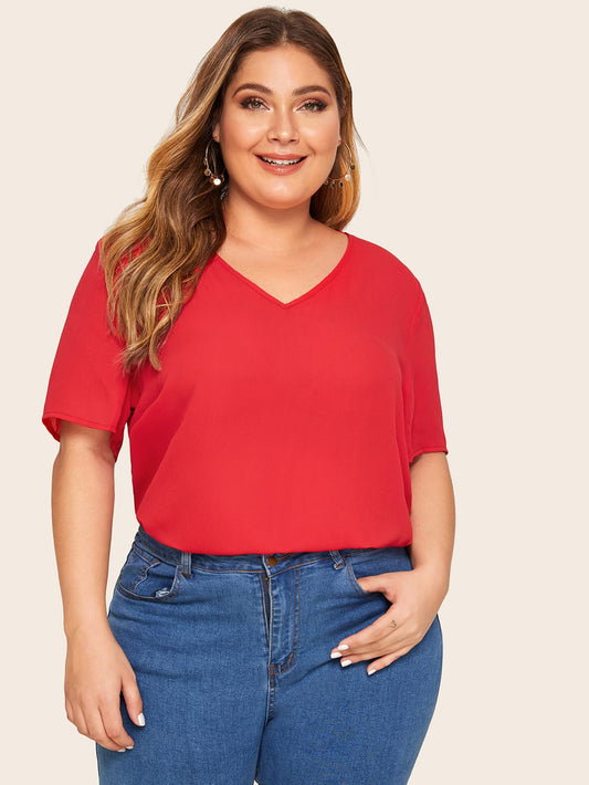 Plus V-neck Short Sleeve Solid Top
