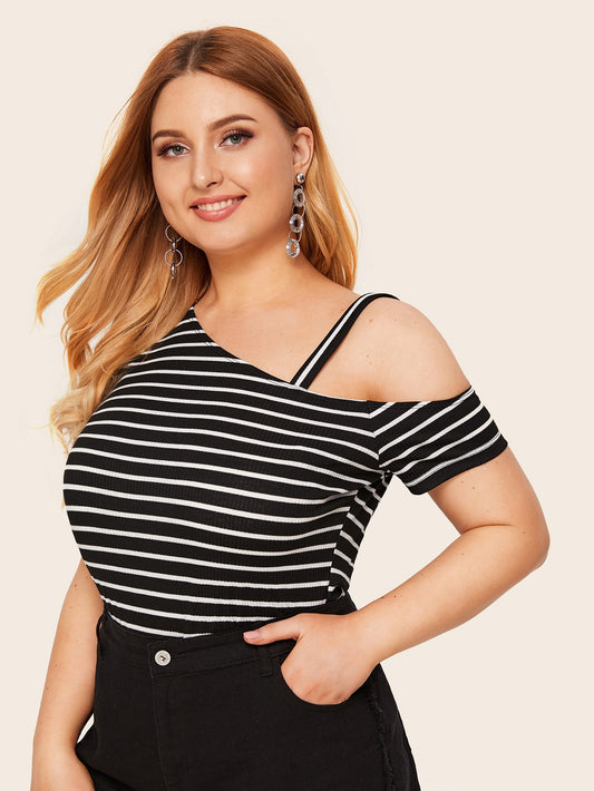 Plus Asymmetrical Neck Striped Tee
