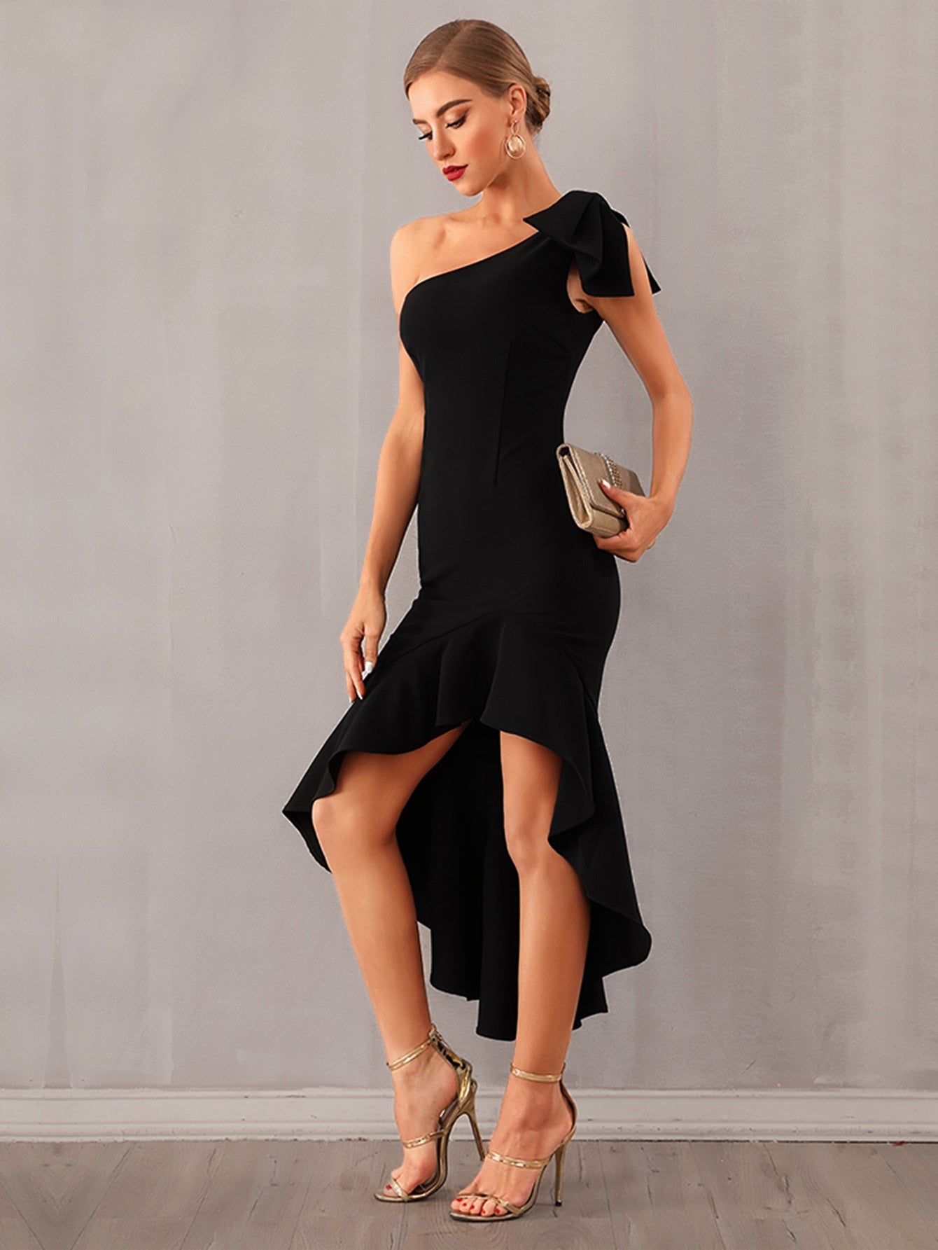 One Shoulder High low Ruffle Hem Knotted Dress