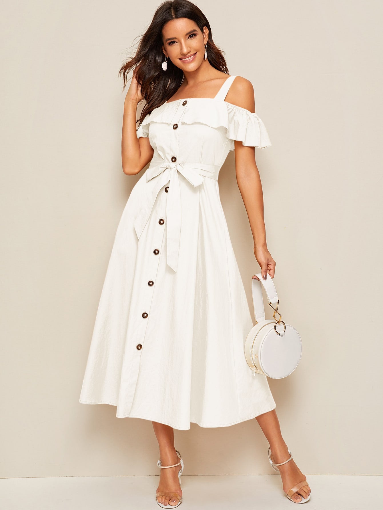Flounce Foldover Button Front Self Belted Dress