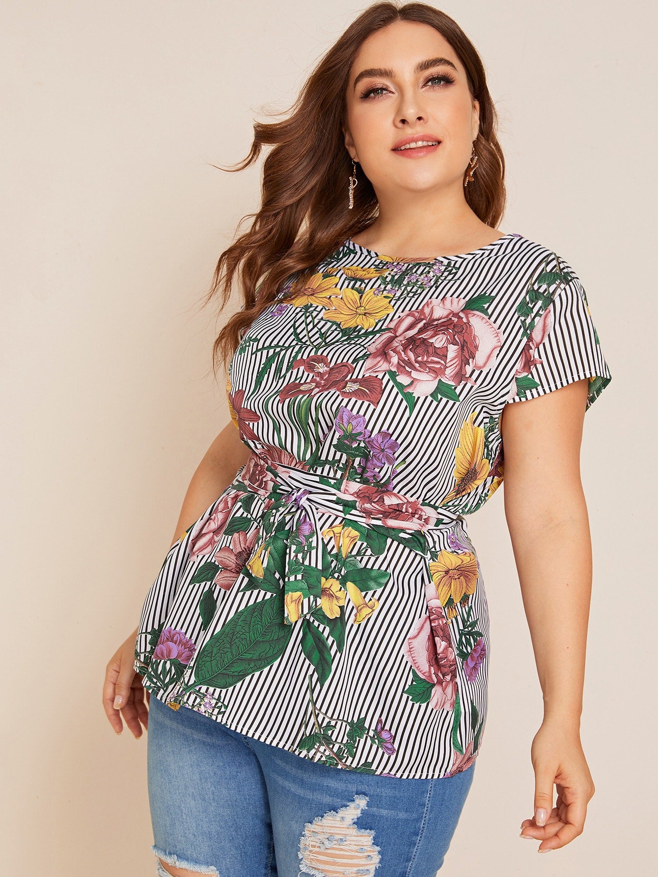 Plus Striped & Floral Print Belted Top