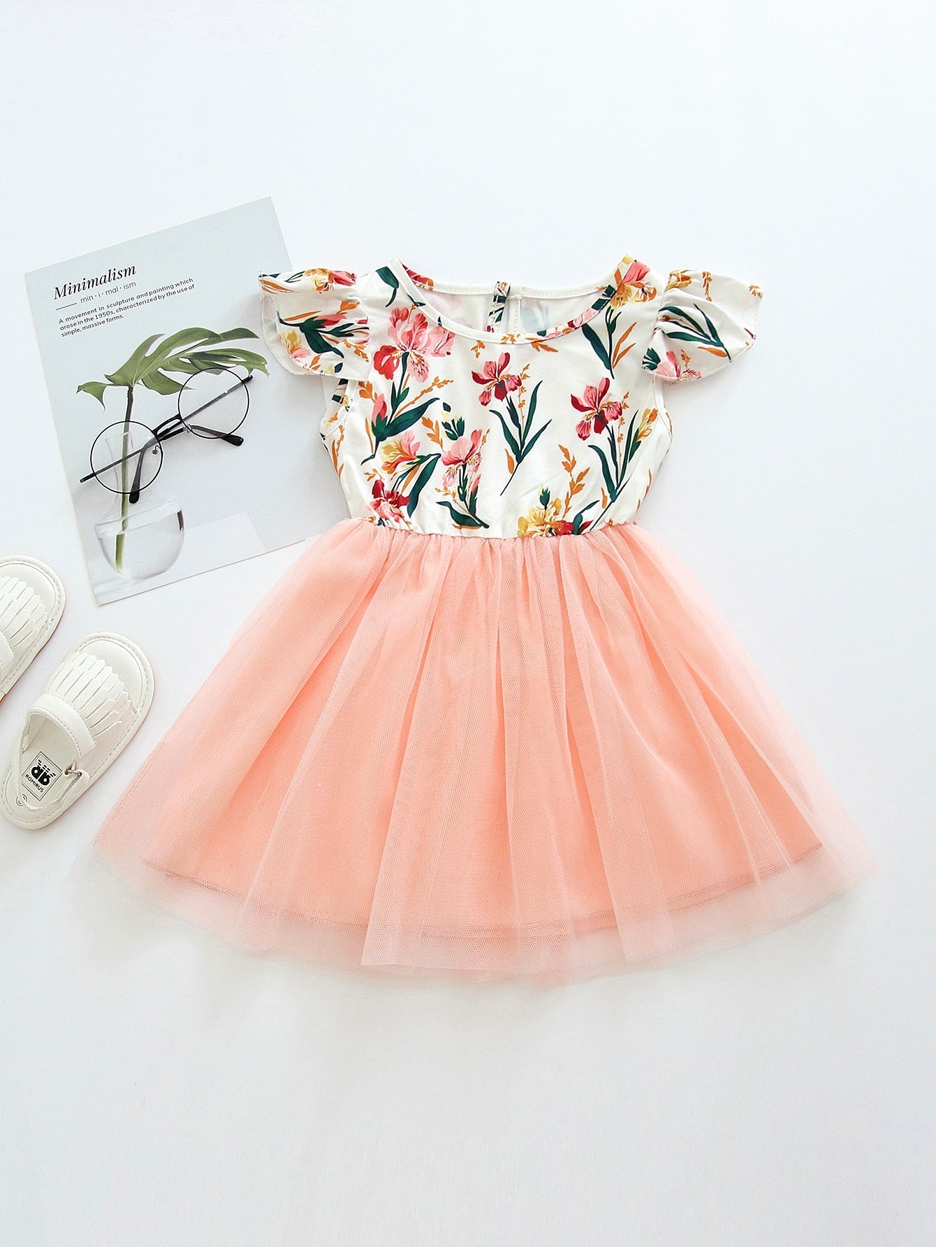 Toddler Girls Floral Print Contrast Mesh A-line Dress