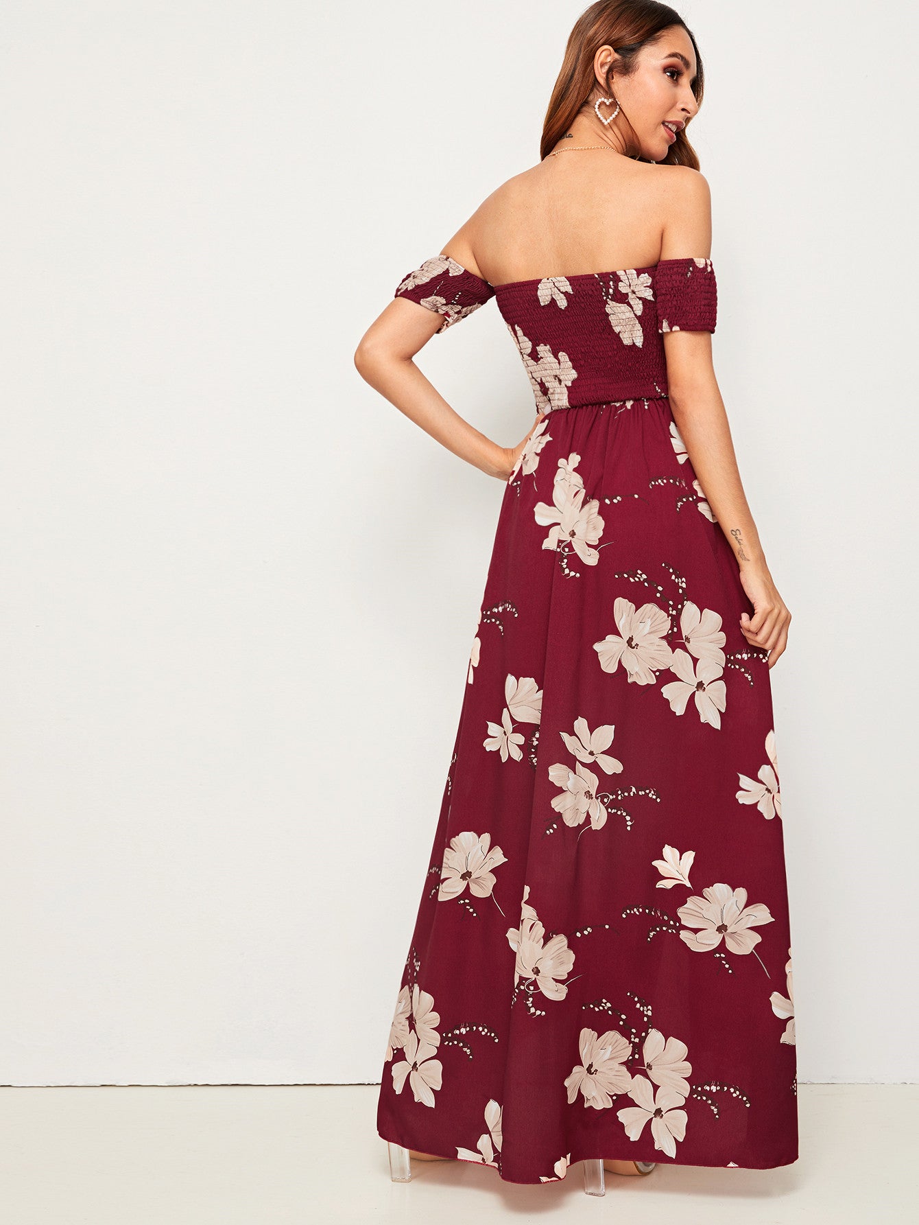 Floral Off Shoulder Split Wrap Hem Shirred Dress