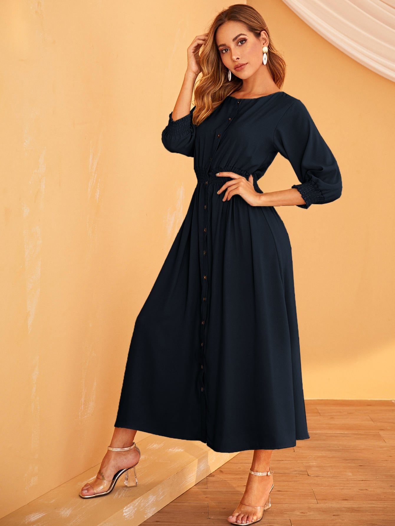 Solid Shirred Button Front Shirt Dress