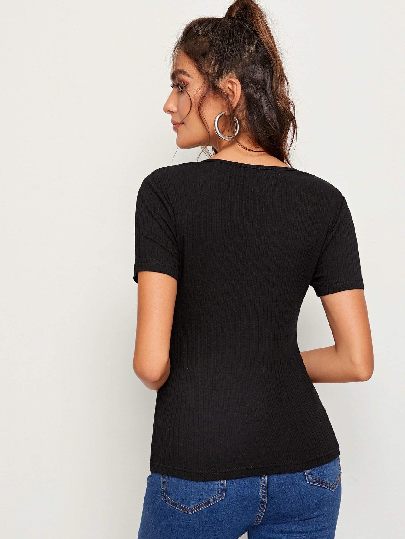 Solid Rib-knit Fitted Top