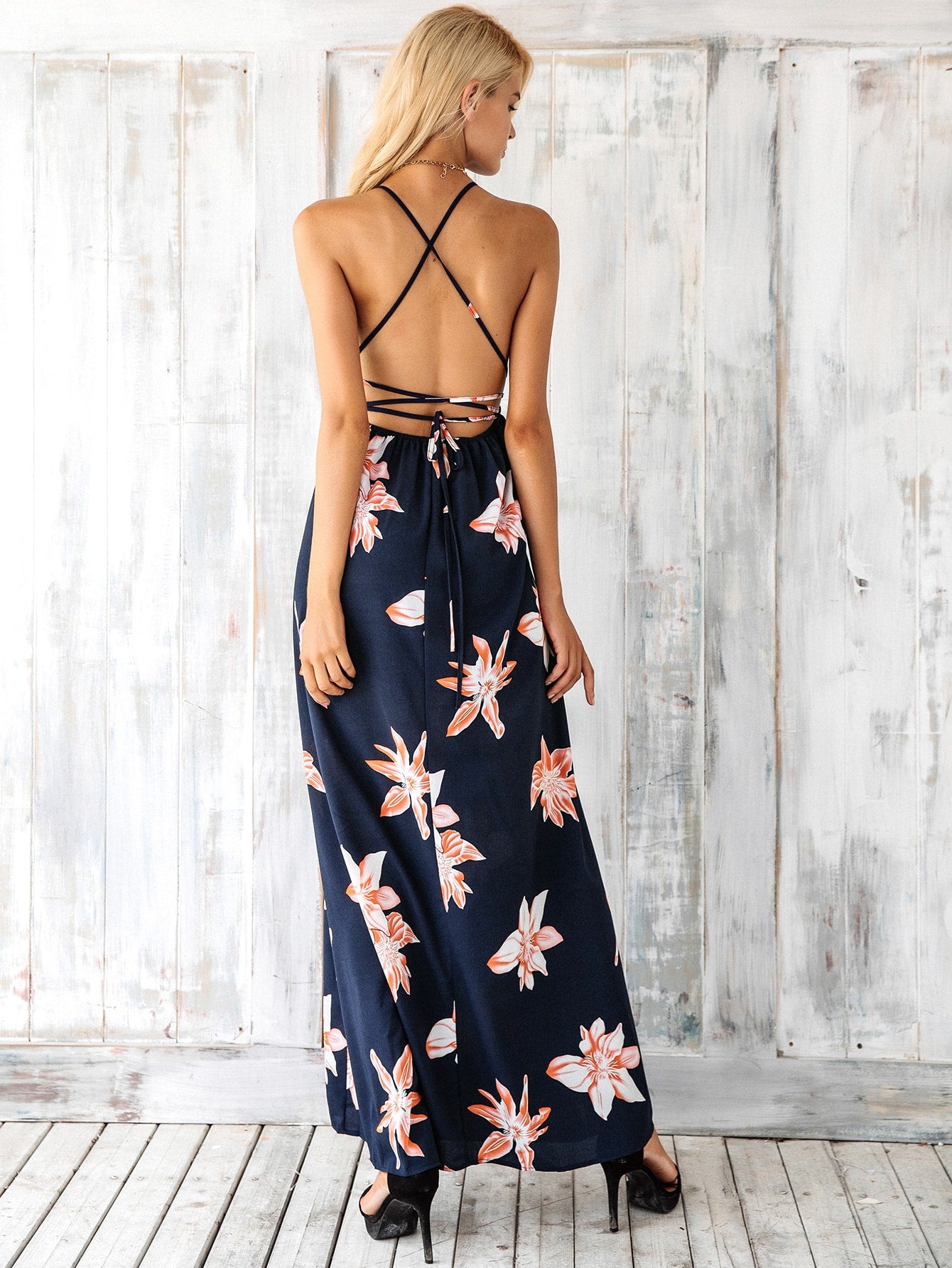 Simplee Floral Lace Up Backless Wrap Slip Dress