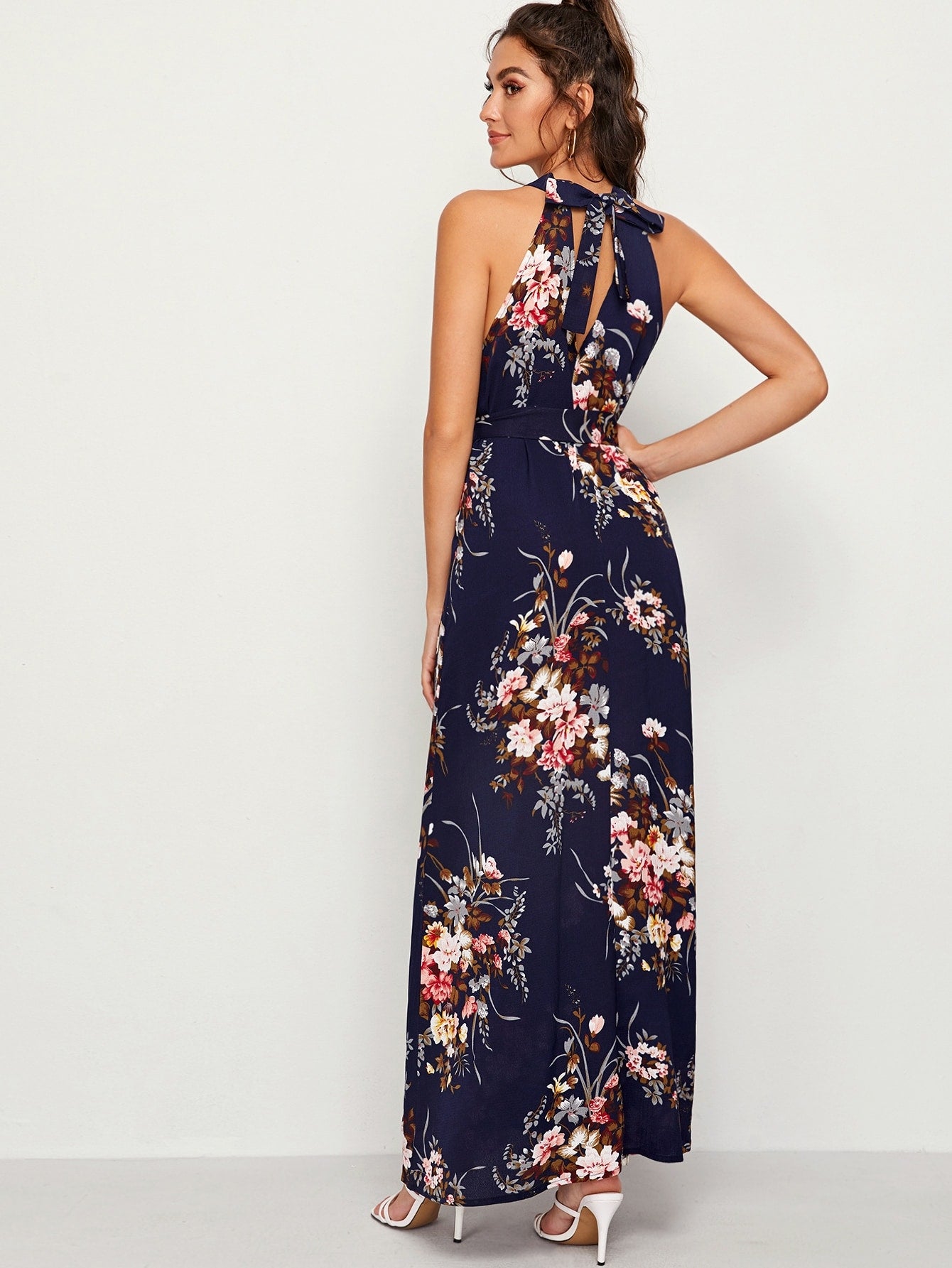 Floral Print Tie Back Belted Maxi Dress
