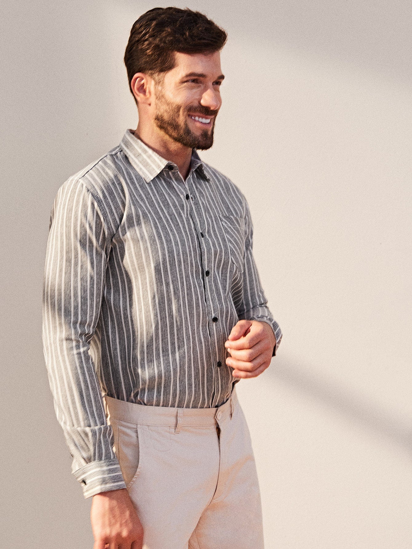 Men Striped Single Sleeve Pocket Shirt