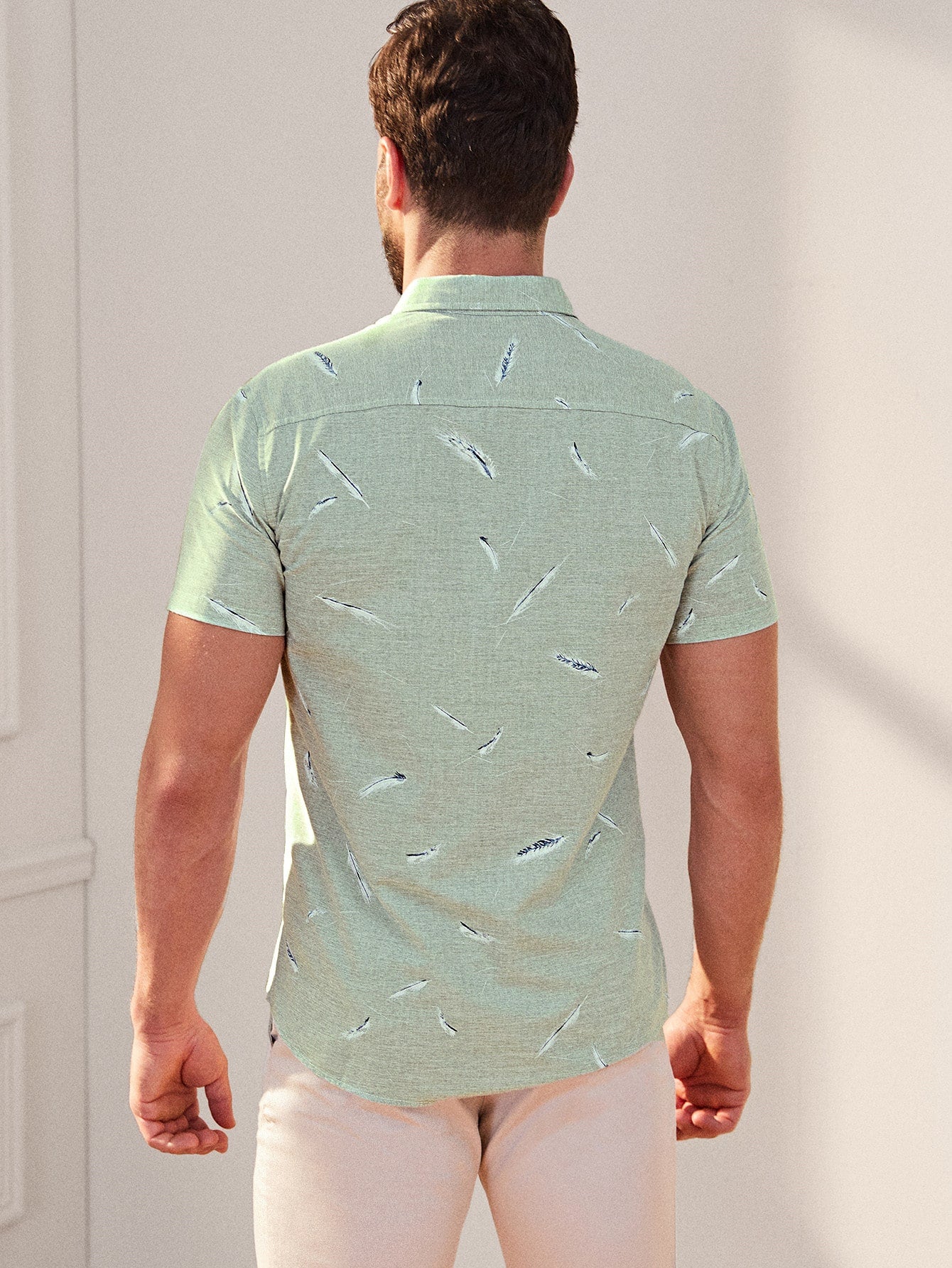 Men Feather Print Pocket Button Front Shirt