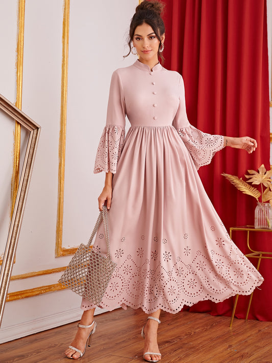 Solid Cut-out Trim Button Front Maxi Dress