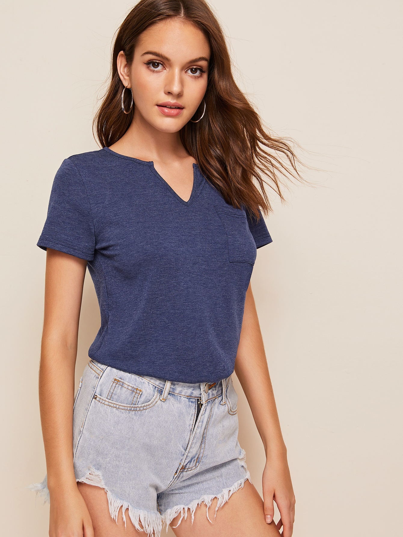 Solid Pocket Patch Notched Neck Tee