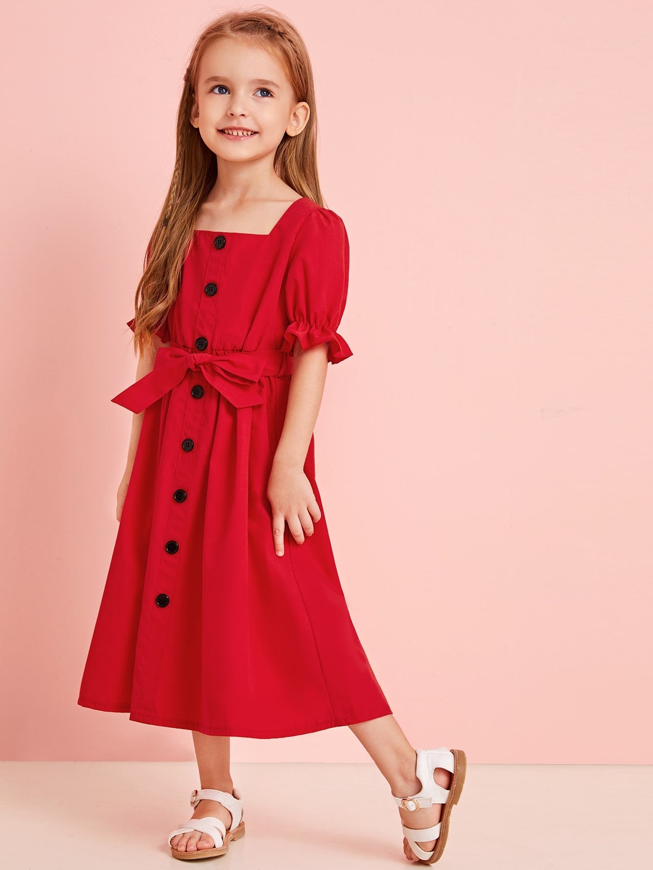Toddler Girls Square Neck Button Front Belted A-line Dress
