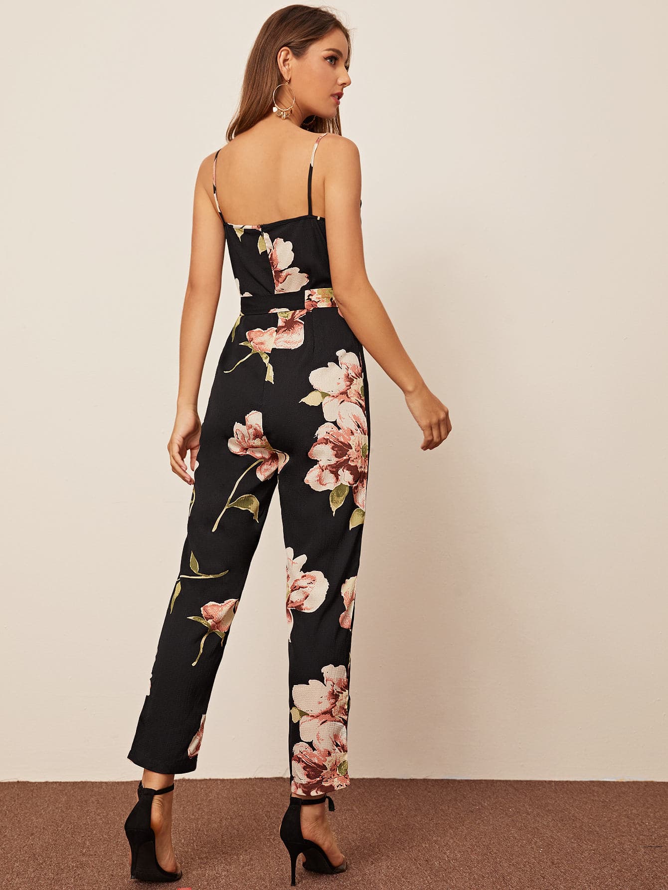 Floral Print Button Front Belted Cami Jumpsuit
