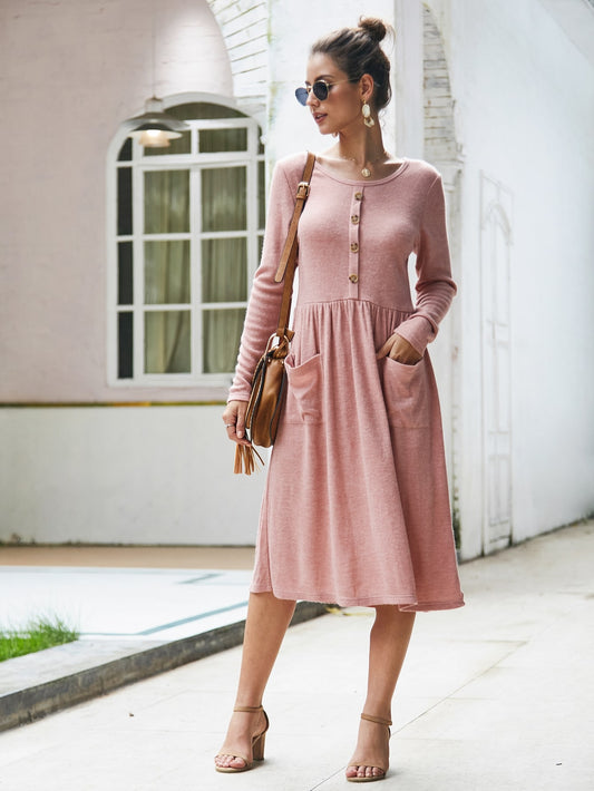 Dual Pockets Button Front Midi Sweater Dress