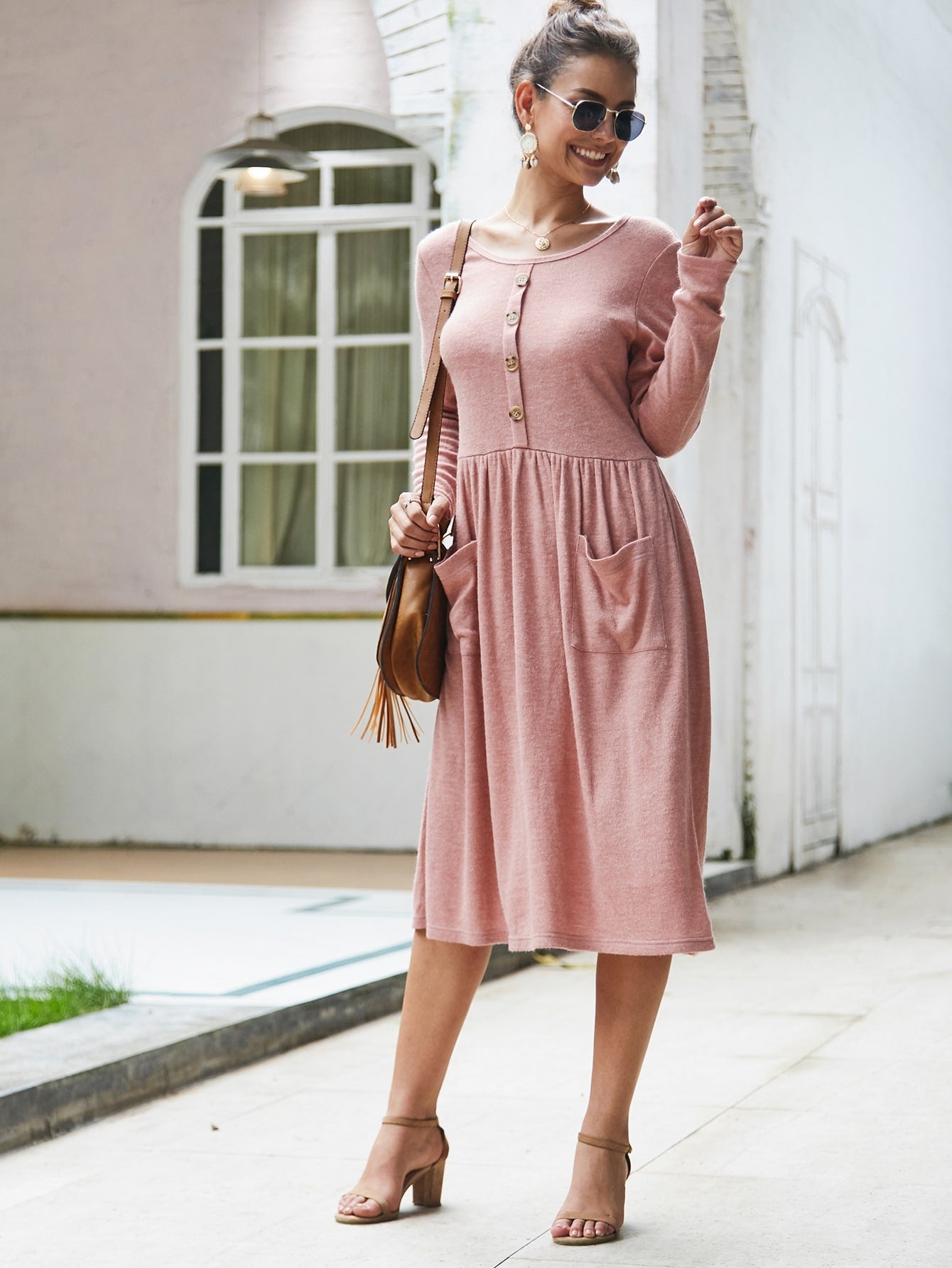 Dual Pockets Button Front Midi Sweater Dress