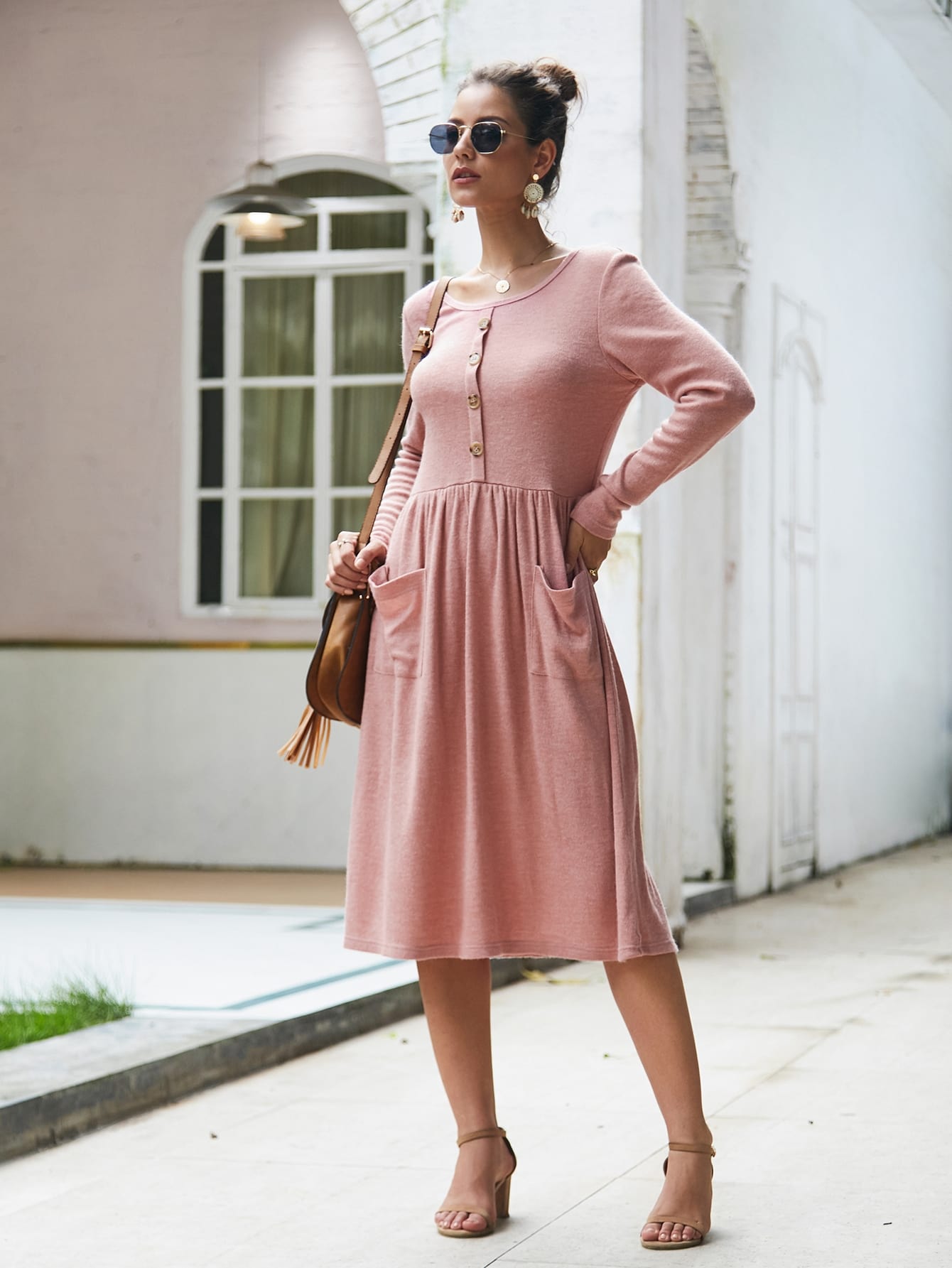 Dual Pockets Button Front Midi Sweater Dress