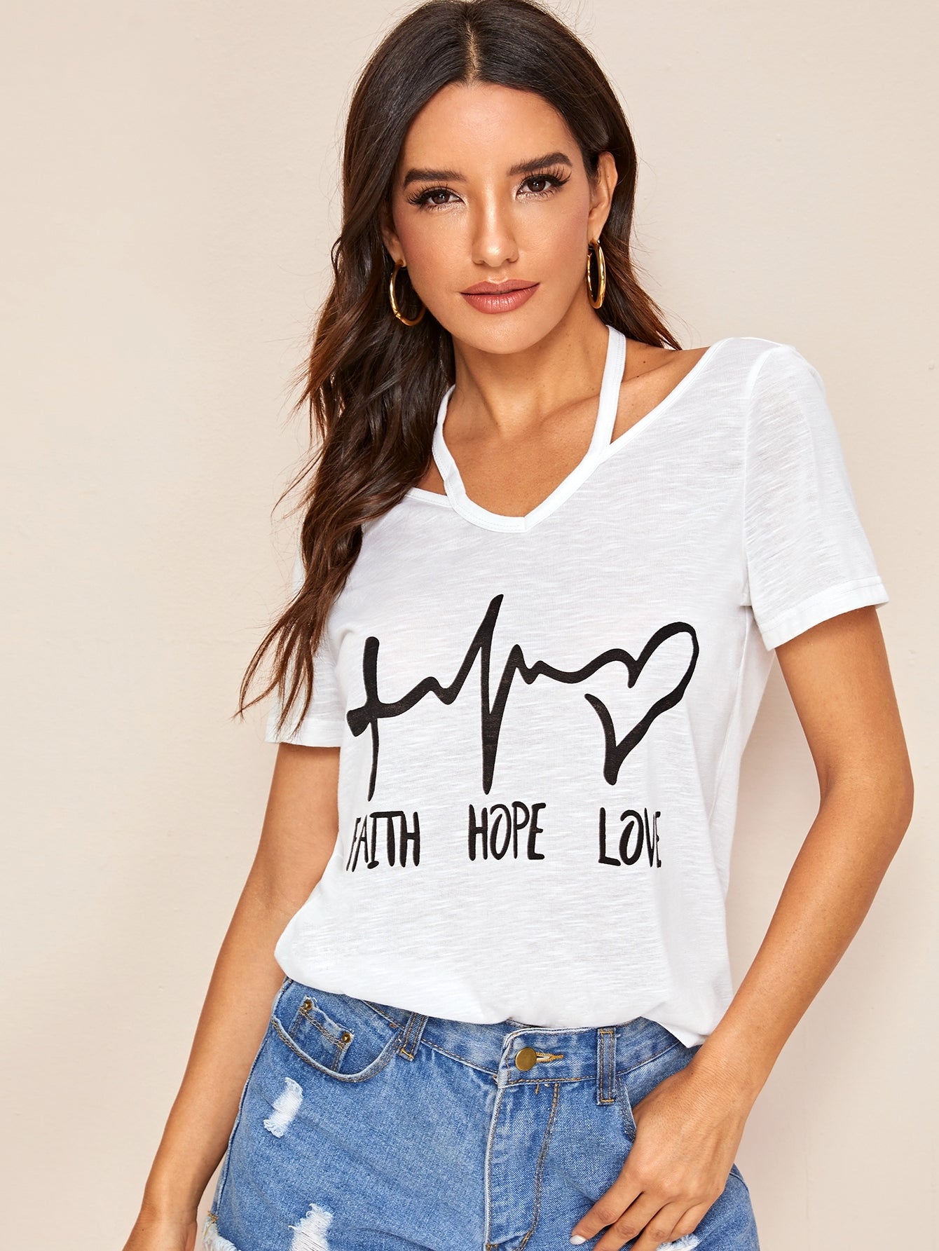 Strappy Neck Mixed Graphic Tee