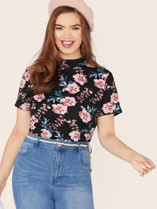 Plus Mock Neck Floral Print Tee