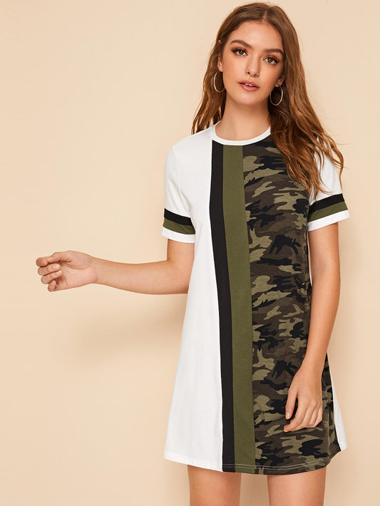Camo Print Color-block T-shirt Dress