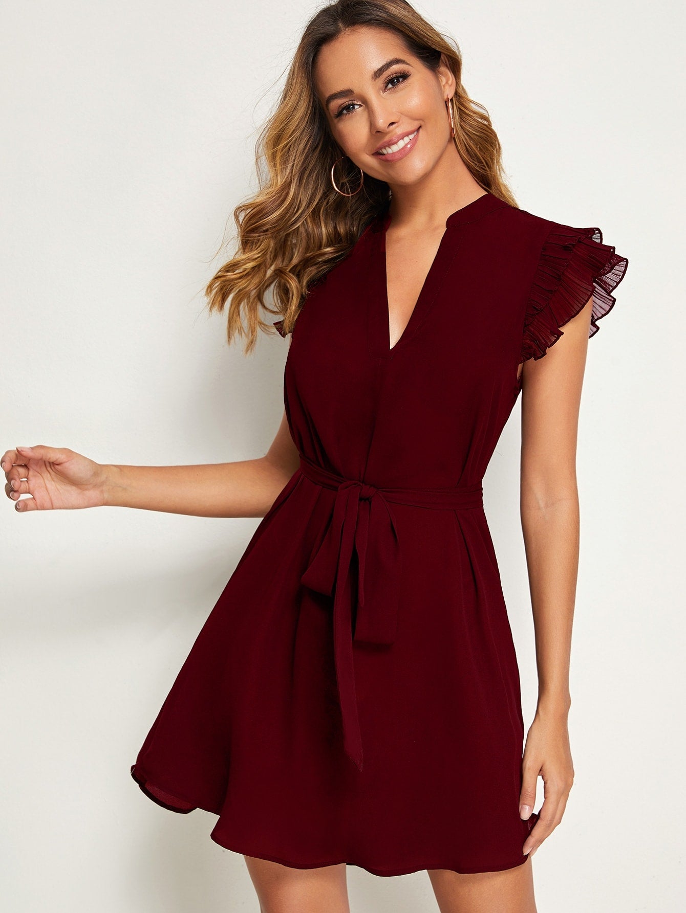 Pleated Ruffle Armhole High Low Belted Dress