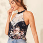 Floral Print Guipure Lace Insert Halter Top