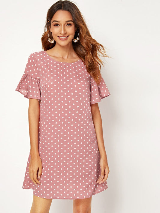 Ruffle Cuff Polka Dot Print Dress