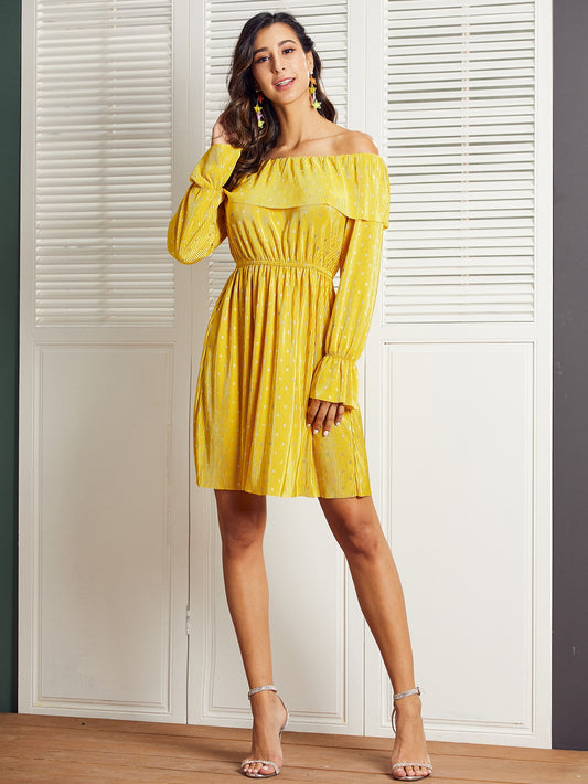 Polka-dot Pleated Bardot Dress
