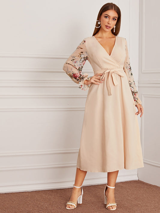 Floral Sleeve Surplice Front Self Tie Dress
