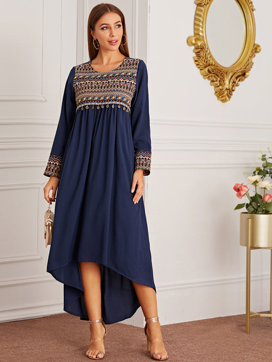 Contrast Tribal Panel Metal Disc Pendant A-line Dress