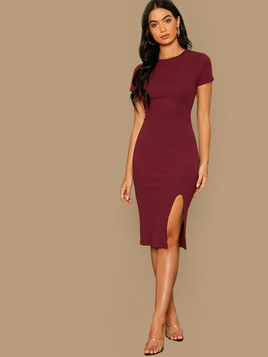 Rib-knit Slit Hem Bodycon Dress