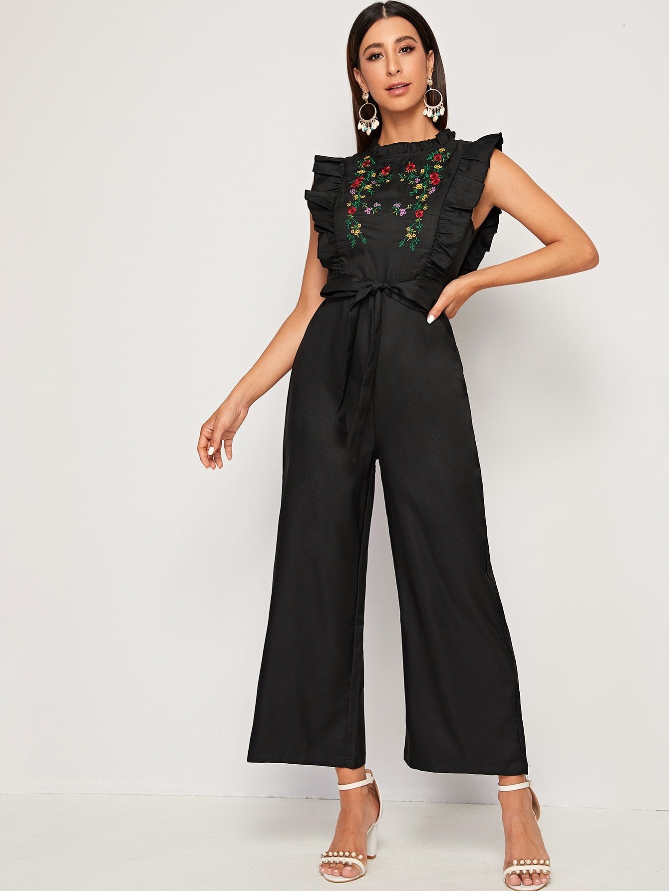 Floral Embroidered Ruffle Trim Belted Jumpsuit