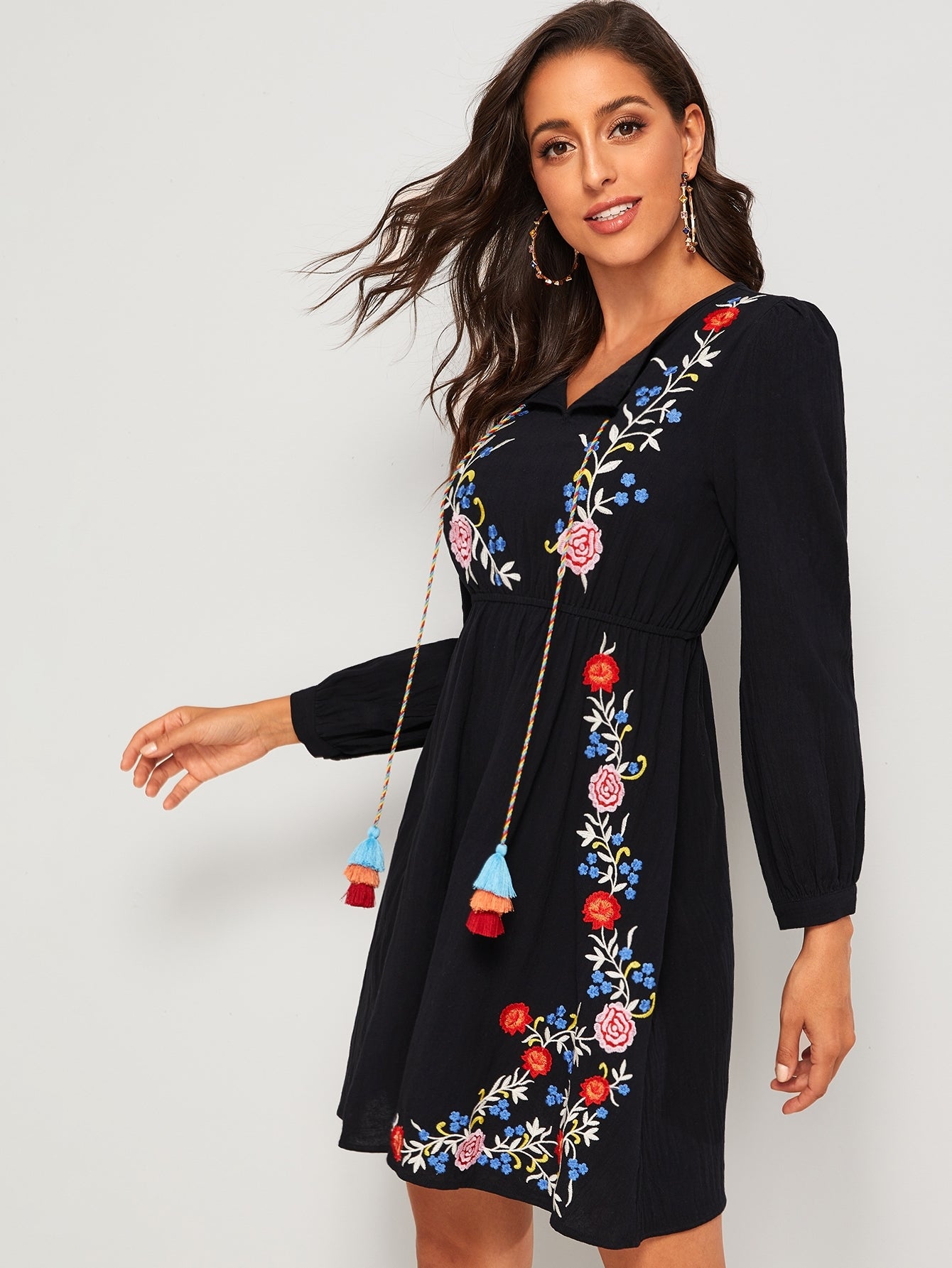 Floral Embroidery Tassel Tie Peasant Dress | Amy's Cart Singapore
