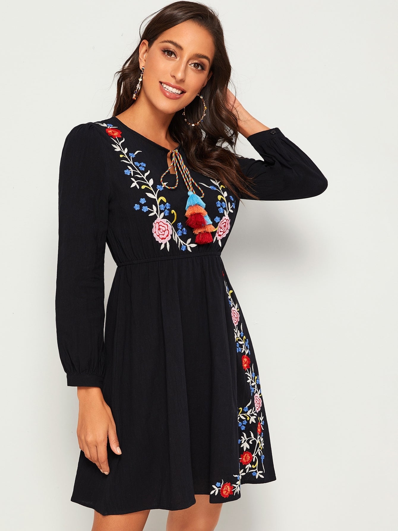 Floral Embroidery Tassel Tie Peasant Dress | Amy's Cart Singapore
