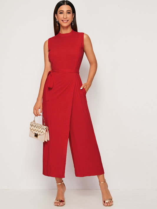 Mock Neck Tie Side Culotte Jumpsuit