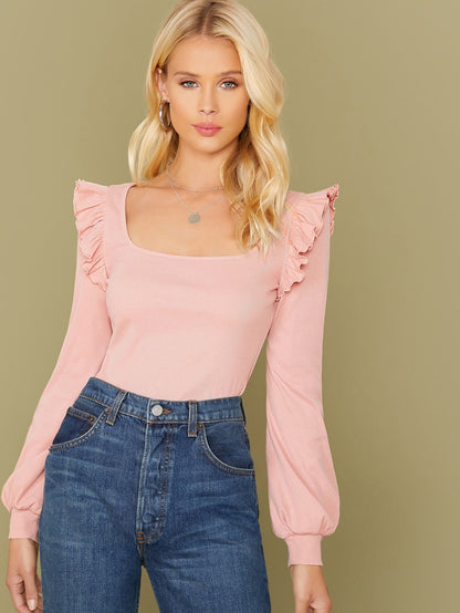 Square Neck Ruffle Trim Solid Tee