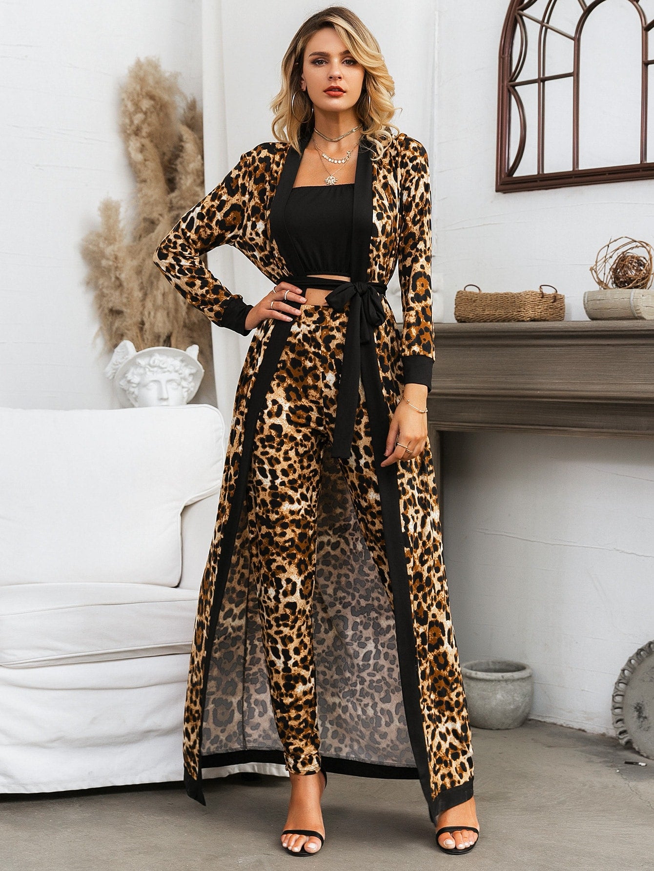 Tube Top & Leopard Pants Set With Belted Coat