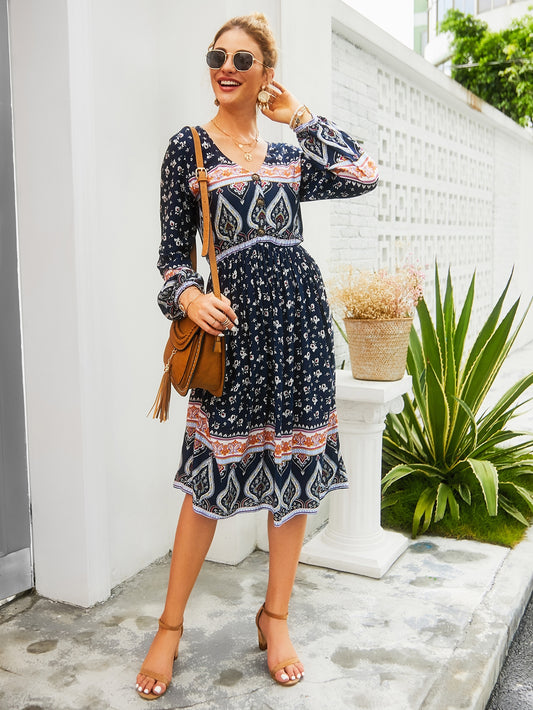 V-neck Ditsy Floral Tribal Print Dress | Amy's Cart Singapore