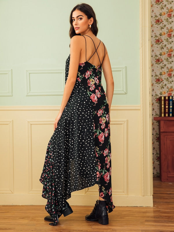Polka Dot & Ditsy Floral Asymmetrical Hem Chiffon Cami Dress | Amy's Cart Singapore