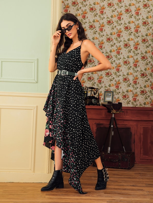 Polka Dot & Ditsy Floral Asymmetrical Hem Chiffon Cami Dress | Amy's Cart Singapore