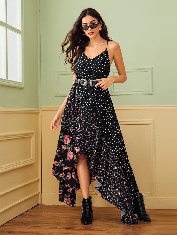 Polka Dot & Ditsy Floral Asymmetrical Hem Chiffon Cami Dress | Amy's Cart Singapore