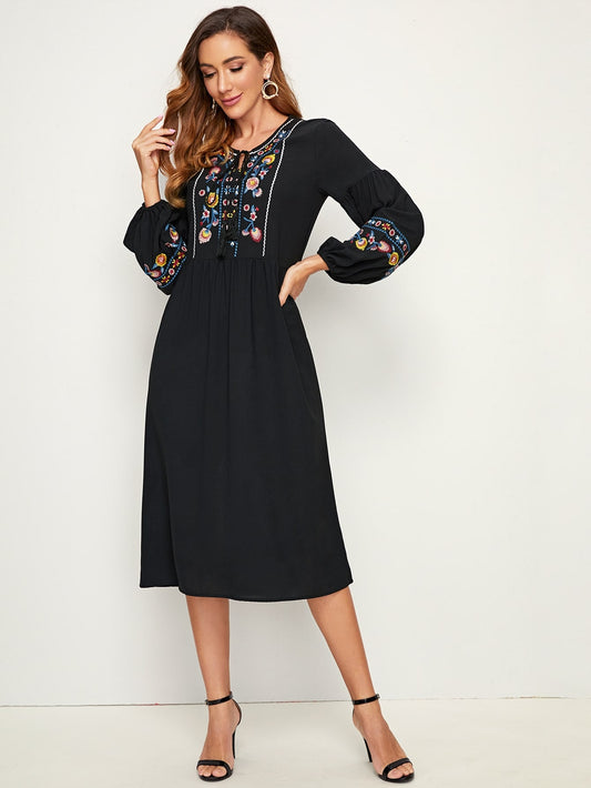 Floral Embroidered Tassel Tie A-line Dress