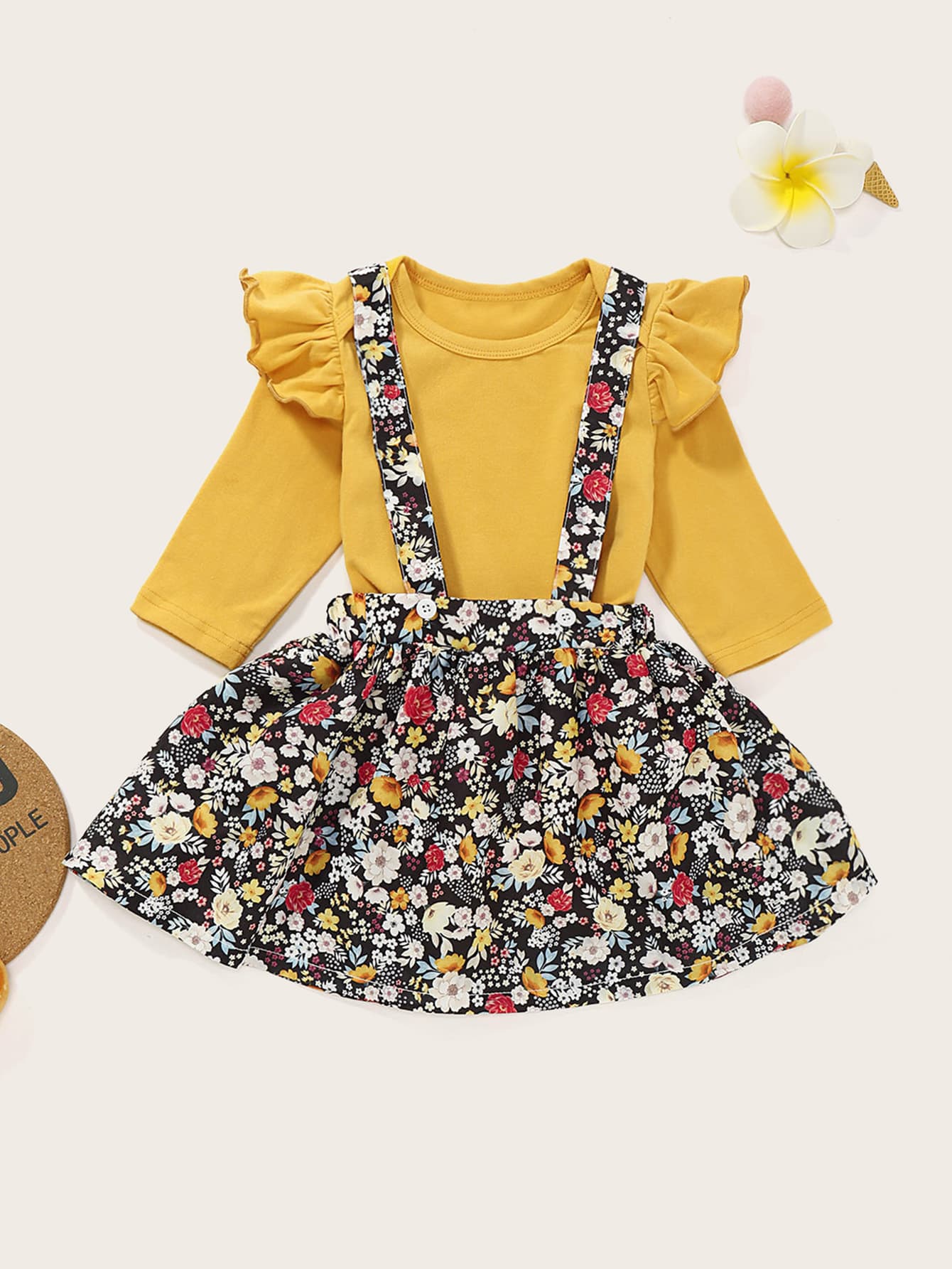 Baby Girl Ruffle Trim Top With Allover Floral Pinafore Skirt