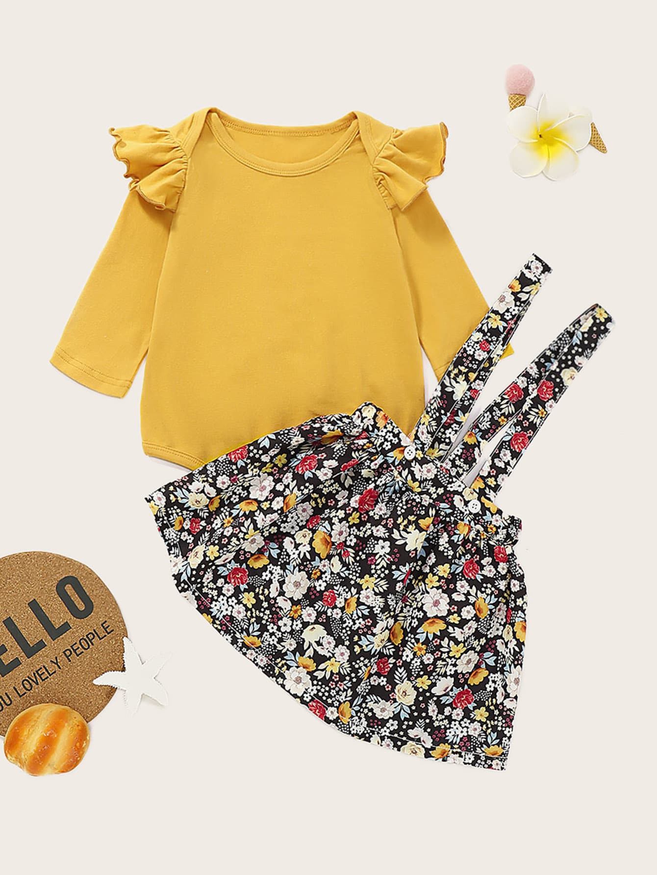 Baby Girl Ruffle Trim Top With Allover Floral Pinafore Skirt