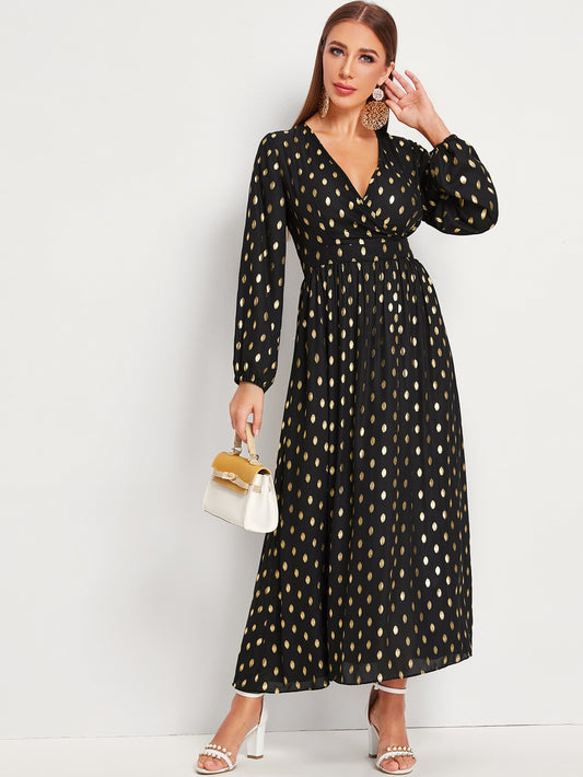Gold Polka Dotted Surplice A-line Dress