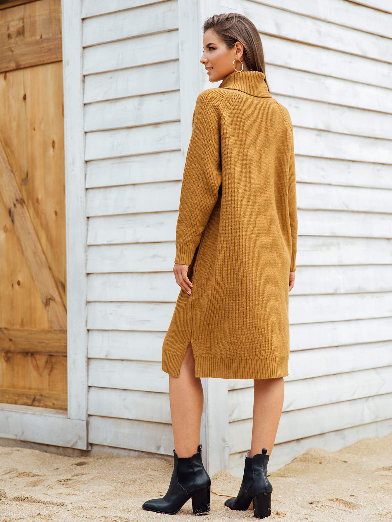 High Neck Slit Side Sweater Dress Without Belted
