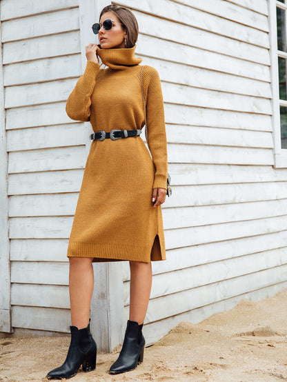 High Neck Slit Side Sweater Dress Without Belted