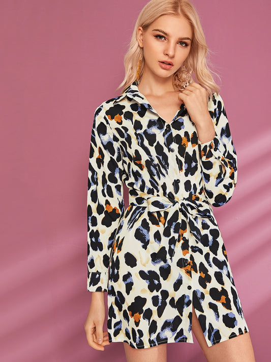 Leopard Print Self Tie Shirt Dress