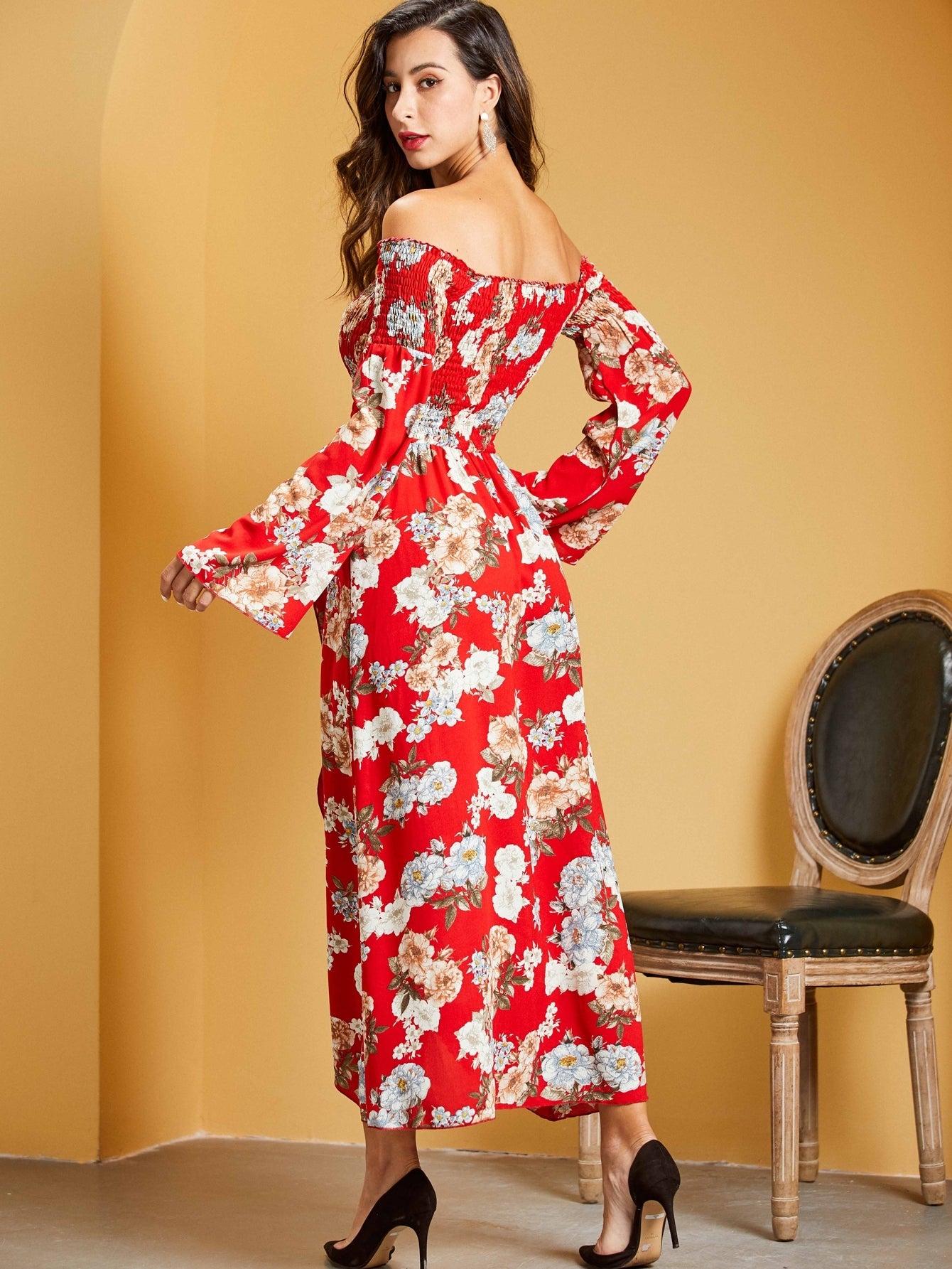Shirred Bodice Bell Sleeve Dress With Wrap Skirt
