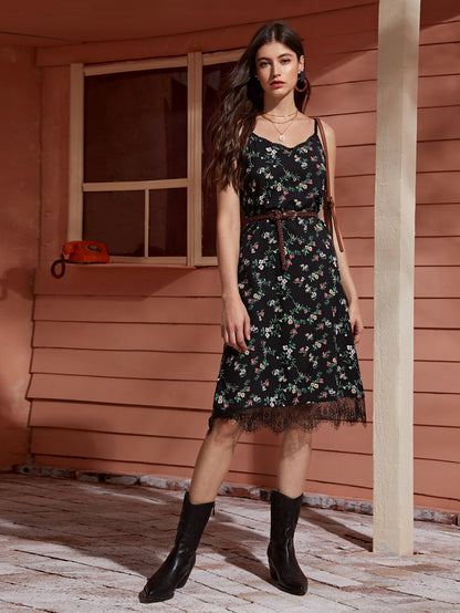 Contrast Lace Floral Print Cami Dress Without Belted